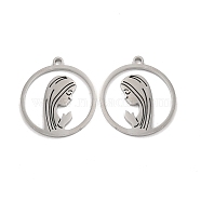 304 Stainless Steel Pendants, Flat Round with Girl Charm, Stainless Steel Color, 20x18x1mm, Hole: 1.5mm(STAS-L020-034P)