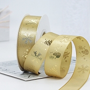 22M Flat Christmas Snowflake Printed Polyester Satin Ribbons, Hot Stamping Ribbons, Pale Goldenrod, 1 inch(25mm), about 24.06 Yards(22m)/Roll(XMAS-PW0001-183E)