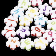 Opaque Acrylic Beads, Horizontal Hole, Flower with Letter, Random Letters, Mixed Color, 11.5~12x11x4mm, Hole: 1.5mm(X-MACR-S273-12)
