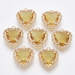 Glass Pendants, with Brass Open Back Settings, Faceted, Heart, Light Gold, Gold, 18x16~17x5.5mm, Hole: 1.2mm(X-GLAA-T021-04J)