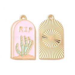 Light Gold Plated Alloy Enamel Pendants, Cadmium Free & Nickel Free & Lead Free, Tombstone with Skeleton Hand Charm, Pink, 27x14x1.3mm, Hole: 1.8mm(ENAM-L040-005KCG-02)