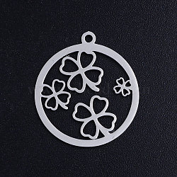 Non-Tarnish 201 Stainless Steel Pendants, Circle with Clover, Stainless Steel Color, 22.5x20x1mm, Hole: 1.5mm(STAS-S105-JN385-1)