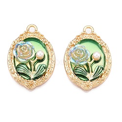 Rack Plating Alloy Enamel Pendants, with ABS Imitation Pearl & Resin, Cadmium Free & Nickel Free & Lead Free, Light Gold, Oval with Flower Charm, Medium Sea Green, 31x21x5.5mm, Hole: 2.2mm(ENAM-N056-376KCG)