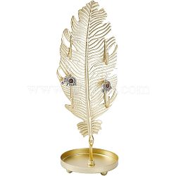 Iron Earring Display Stands with Round Tray, Earring Organizer Holder Ornament, Golden, Feather Pattern, 7x6.6x18.5cm(EDIS-WH0016-018A)