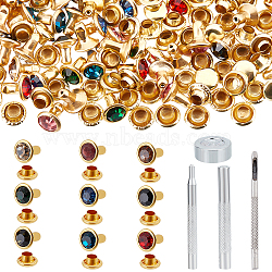 90Pcs Round Brass Semi-Tublar Rivets with Rhinestone, with 45# Steel Hole Punch Tool Sets, Leather Tools, Golden & Stainless Steel Color, 7x6mm, Hole: 2.5mm, Pin: 2.7mm(DIY-NB0010-29)