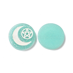 Resin Cabochons, with Glitter Powder, Flat Round with Moon & Pentagram Pattern, Turquoise, 29x5.5mm(RESI-G055-02G)