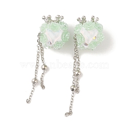 Handmade Polymer Clay Rhinestone Beads, with Resin & Acrylic & Glass Cabochon & Alloy Chain, Rose with Crown & Fishtail, Pale Green, 60~69mm(CLAY-H003-01P-03)