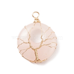 Natural Rose Quartz Pendants, with Eco-Friendly Copper Wire Wrapped, Donut/Pi Disc, Real 18K Gold Plated, 37.5x28x9mm, Hole: 4mm(PALLOY-JF01554)