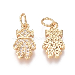 Brass Micro Pave Clear Cubic Zirconia Charms, with Jump Rings, Girl, Golden, 14x8x1.5mm, Jump Ring: 5x0.7mm, Inner Diameter: 3.6mm(ZIRC-I036-09G)