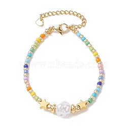 Plastic Imitation Pearl & 201 Stainless Steel Star & Seed Beaded Bracelet, Golden, 7-1/8 inch(18cm)(BJEW-JB10118-02)