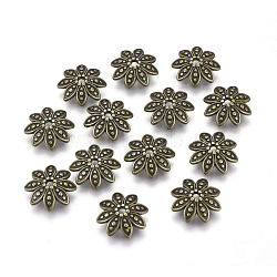 8-Petal Tibetan Style Alloy Flower Bead Caps, Cadmium Free & Nickel Free & Lead Free, Antique Bronze, 14x3.5mm, Hole: 2mm(X-TIBEB-2347-AB-FF)