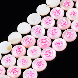 Natural Freshwater Shell Enamel Beads, Flat Round with Flower, Hot Pink, 11x3mm, Hole: 0.8mm, about 32pcs/strand, 14.37 inch(36.5cm)(SHEL-N026-194-02)
