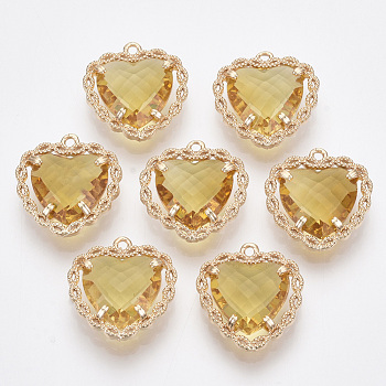 Glass Pendants, with Brass Open Back Settings, Faceted, Heart, Light Gold, Gold, 18x16~17x5.5mm, Hole: 1.2mm