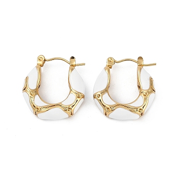 Ion Plating(IP) 304 Stainless Steel Textured Hoop Earrings, with Enamel, Real 18K Gold Plated, White, 22x20.5x6.5mm