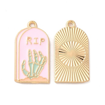Light Gold Plated Alloy Enamel Pendants, Cadmium Free & Nickel Free & Lead Free, Tombstone with Skeleton Hand Charm, Pink, 27x14x1.3mm, Hole: 1.8mm