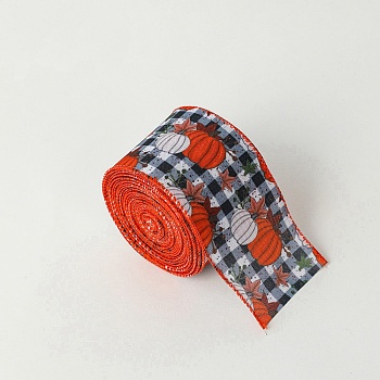10M Thanksgiving Day Theme Wired Linen Ribbon, Pumpkin & Maple Leaf Pattern, Coral, 2-1/2 inch(63mm), about 10.94 Yards(10m)/Roll
