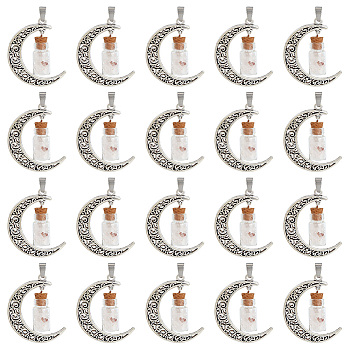 20Pcs Column Glass Bottle with Rose Quartz inside Pendants, with Moon Alloy Findings and 304 Stainless Steel Findings, 41x29x10mm, Hole: 7x4mm