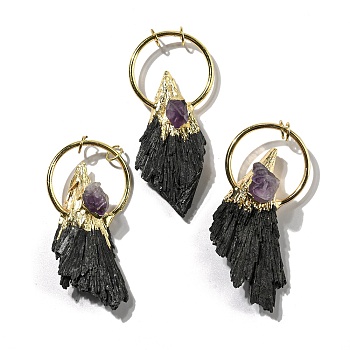 Natural Black Tourmaline & Amethyst Big Pendants, Wing Charms with Golden Tone Brass Rings, 61~83x31~34x13~20mm, Hole: 5.5mm