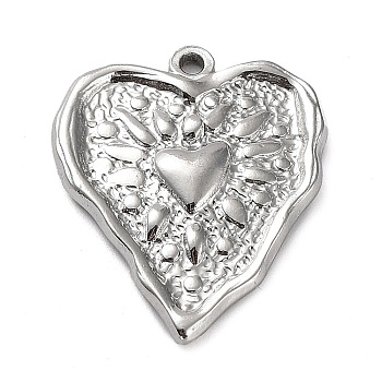 Non-Tarnish 304 Stainless Steel Pendants, Textured, Heart Charm, Stainless Steel Color, 25.5x21x3mm, Hole: 1.6mm