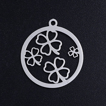 201 Stainless Steel Pendants, Circle with Clover, Stainless Steel Color, 22.5x20x1mm, Hole: 1.5mm