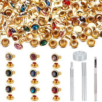 90Pcs Round Brass Semi-Tublar Rivets with Rhinestone, with 45# Steel Hole Punch Tool Sets, Leather Tools, Golden & Stainless Steel Color, 7x6mm, Hole: 2.5mm, Pin: 2.7mm