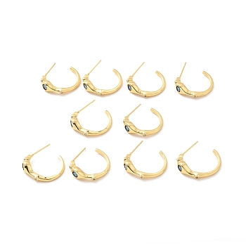 Cubic Zirconia C-shape Stud Earrings, Brass Half Hoop Earrings for Women, Lead Free & Cadmium Free & Nickel Free, Real 18K Gold Plated, Prussian Blue, 19.5x21mm, Pin: 0.7mm