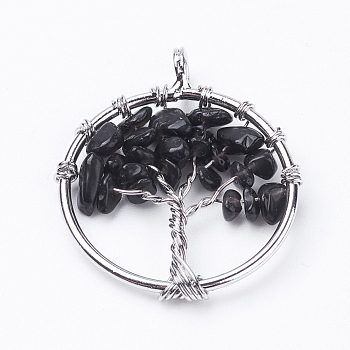 Natural Black Agate Pendants, with Brass Findings, Flat Round with Tree of Life, Dyed, Platinum, 29x5~7mm, Hole: 4.5mm