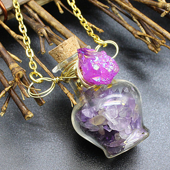 Natural Amethyst Chips Perfume Bottle Necklace, Glass Pendant Necklace with Alloy Chains for Women, 19.69 inch(50cm)