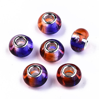 Transparent Two Tone Resin European Beads, Large Hole Beads, with Silver Tone Brass Double Cores, Rondelle, Mauve, 14x9.5mm, Hole: 5mm