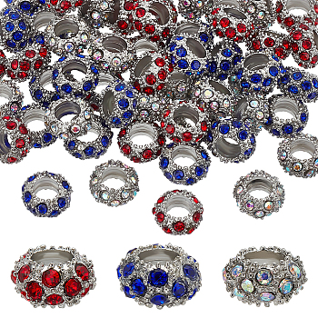 60Pcs 3 Colors Alloy Rhinestone European Beads, Large Hole Beads, Rondelle, Mixed Color, 11x6mm, Hole: 5mm, 20pcs/color