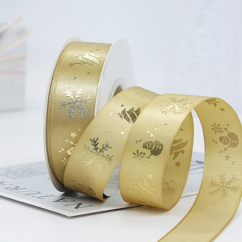 22M Flat Christmas Snowflake Printed Polyester Satin Ribbons, Hot Stamping Ribbons, Pale Goldenrod, 1 inch(25mm), about 24.06 Yards(22m)/Roll