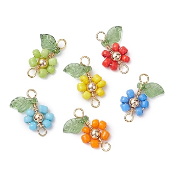 6Pcs 6 Colors Glass Copper Wire Wrapped Connector Charms, Flower Links with Golden Plated Brass Beads, Mixed Color, 19x13x4mm, Hole: 2mm, 1pc/color