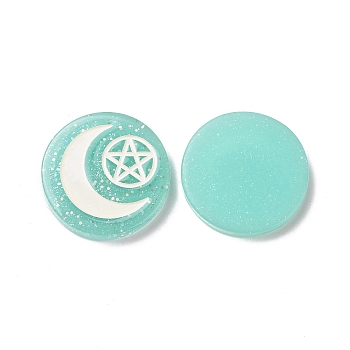 Resin Cabochons, with Glitter Powder, Flat Round with Moon & Pentagram Pattern, Turquoise, 29x5.5mm