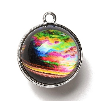 Galaxy Theme Luminous Glass Ball Pendants, Glow in the Dark, with Platinum Tone Alloy Edge, Lime, 25x21.5x20~21mm, Hole: 2mm
