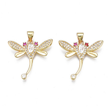 Brass Micro Pave Cubic Zirconia Pendants, , Real 18K Gold Plated, Autumn Pendants, Dragonfly, Clear, 23x23x4mm, Hole: 3x5mm