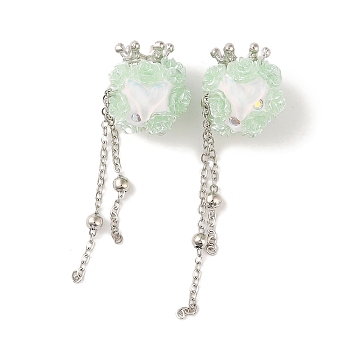 Polymer Clay Rhinestone Beads, with Resin & Acrylic & Glass Cabochon & Alloy Chain, Rose with Crown & Fishtail, Pale Green, 60~69mm