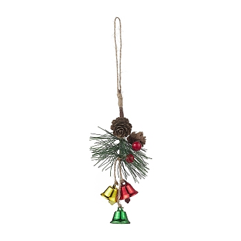 Iron Bell & Plastic Pine Cone Pendant Decorations, Jute Cord for Christmas Party Decor, Colorful, 260mm