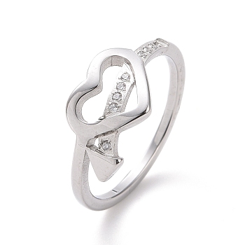 Crystal Rhinestone Heart with Arrow Finger Ring, 304 Stainless Steel Jewelry for Women, Stainless Steel Color, US Size 5 1/2~9(16.1~18.9mm)