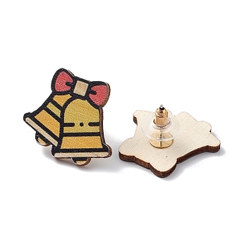 Christmas Printed Wooden Stud Earrings, with 316 Stainless Steel Pins for Women, Christmas Bell, 22.5x25mm, Pin: 0.7mm