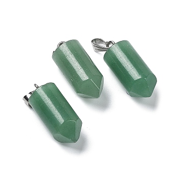 Natural Green Aventurine Pointed Pendants, Bullet charms with Stainless Steel Color Plated 201 Stainless Steel Snap on Bails, 26x10.5mm, Hole: 7x3.5mm
