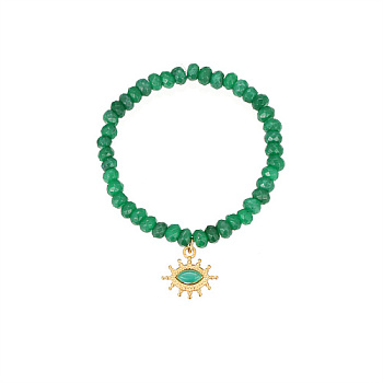 Natural White Jade Dyed Beaded Bracelets, with Stainless Steel Eye Pendants, Golden, Green, Pendnat: 17.4x18.2mm