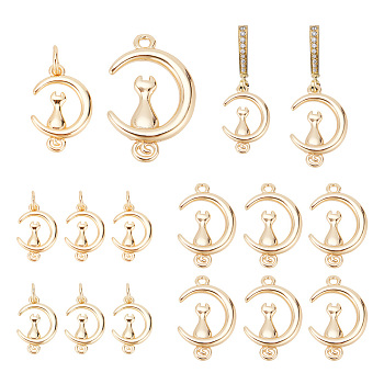16Pcs 2 Style Brass Pendants, Moon with Cat Charm, Golden, 16.5~20x11~13.5x2.5~3mm, Hole: 1.5~3.4mm, 8pcs/style