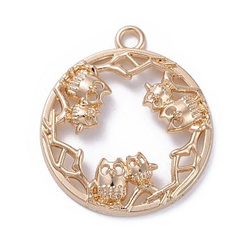 Zinc Alloy Open Back Bezel Pendants, For DIY UV Resin, Epoxy Resin, Pressed Flower Jewelry, Flat Round with Owl, Light Gold, 34x30x5mm, Hole: 3mm
