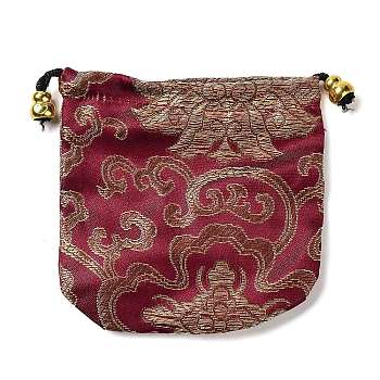 Chinese Style Silk Brocade Jewelry Packing Pouches, Drawstring Gift Bags, Auspicious Cloud Pattern, Dark Red, 11x11cm