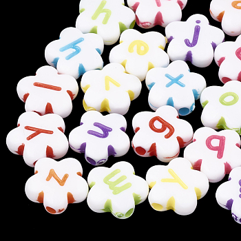 Opaque Acrylic Beads, Horizontal Hole, Flower with Letter, Random Letters, Mixed Color, 11.5~12x11x4mm, Hole: 1.5mm