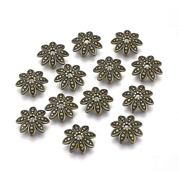 8-Petal Tibetan Style Alloy Flower Bead Caps, Cadmium Free & Nickel Free & Lead Free, Antique Bronze, 14x3.5mm, Hole: 2mm