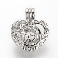 Mother's Day Theme, Alloy Diffuser Locket Pendants, Cage Pendants, Heart with Best Mom, Platinum, 23x19.5x10mm, Hole: 3.5x4.5mm, inner measure: 8.5mm(PALLOY-S062-26P)