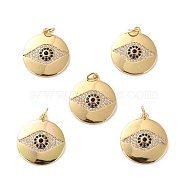 Brass Micro Pave Cubic Zirconia Pendants, Long-Lasting Plated, Cadmium Free & Lead Free, Flat Round with Eye, Real 18K Gold Plated, 21.5x19x3.5mm, Hole: 3.4mm(ZIRC-P092-008G-RS)