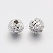 Textured Round Brass Beads, Silver Color Plated, 8mm, Hole: 1.2mm(KK-N0061-01S-8mm)
