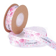 Single Face I Love You & Flamingo Printed Polyester Satin Ribbon, for Mother's Day Valentine's Day Gift Packaging, I Love You, 3/4"(20mm), about 10 yards/roll(OCOR-L044-01A)